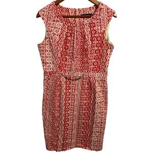 Ellen Tracy Sleeveless Dress Red and White Chain at Waist Stretch Women's Size 8